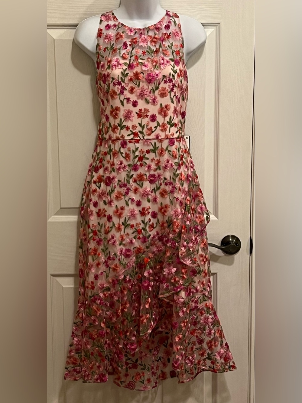 NWT Adrianna Papell Floral Embroidered Flounce Halter Pink Multi Dress Size 10 - Picture 12 of 16
